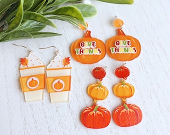 Thanksgiving Acrylic Earrings | Fall Pumpkin Spice Latte Earrings | Give Thanks Dangles | Lightweight Friendsgiving Autumn Earrings