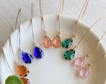 Crystal Emerald Green Champagne Rose Pink Drop Earrings | Bridesmaid Earrings | Bridal Teardrop Dangle Simple Earrings | Bridesmaid Gift