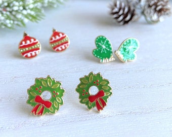Christmas Earrings Stud | Xmas Jewelry Gift Set | Cute Christmas Earrings | Christmas Stocking Stuffer |Wreath Mitten Ornament Cute Xmas Set