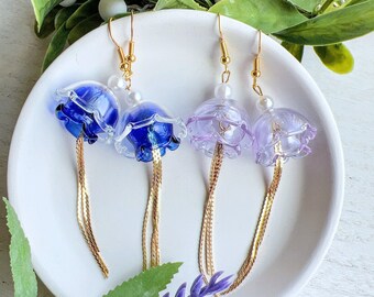 Blue Purple Glass Jellyfish Dangle Earrings | Cute Delicate Summer Beach Drop Earrings | Pearl Jelly fish Ocean Tassel Earrings | Beach Vibe