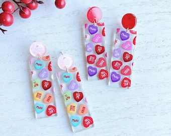 Multicolor Valentines Candy Conversation Bar Heart Earrings | Lightweight Cutie Mwah Xoxo Valentine's Day Dangle Drop Earrings Gift Wife
