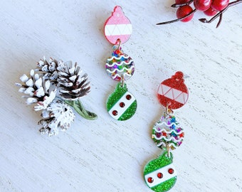 Large Christmas Glitter Acrylic Stud Earrings | Ornament Drop Dangle Lightweight Fall Winter Gift | Holiday Lover Gift Her | Party Earrings