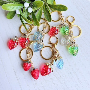Cutecore Strawberry Keychain | Summer Fruit Keychain | Kawaii Food Hypoallergenic Keychain | Red Blue Strawberry Charm |Gift for Gardener