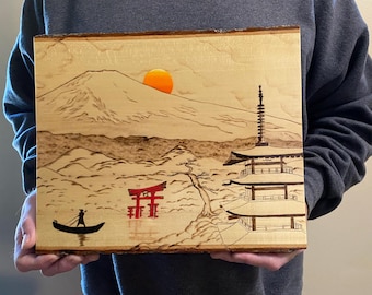 Fujisan is a beautiful gift for your home or office. Wood burned by hand. Japanese Art. Asian Art