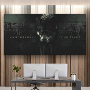 Wolf Hunting Motivational Wall Art, Wolve Sign Quote Office Decor Canvas Print Forest Wolf Artwork Wildlife Wolves Eyes, Wild Animal Poster