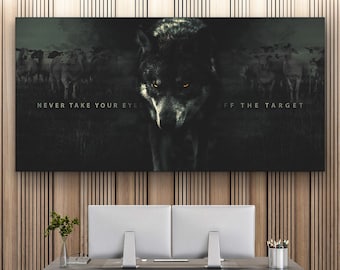 Art mural loup parmi les moutons - Impression sur toile ne quittez jamais la cible, poster motivant avec un loup, décoration de bureau Alpha Mindset