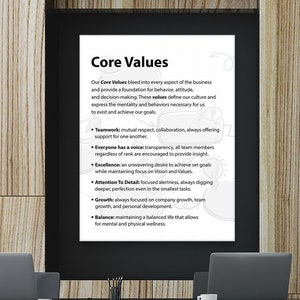 Core Values Wall Art Canvas Print, Office Core Values Poster, Company ...