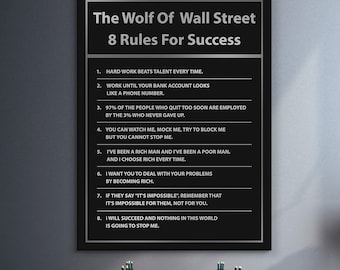 Wolf of Wall Street Rules for Success Wall Art, Motivational Quote Canvas Print, Office Decor, Entrepreneur Wall Poster