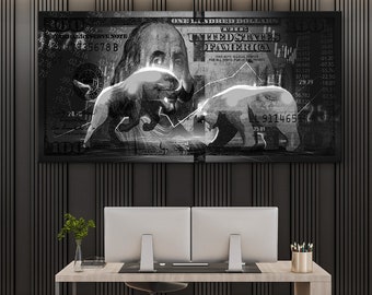Bull and Bear Money Wall Art – Black and White Trading Canvas Print Poster – Financial Market Decor for Office or Home