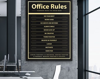 Arte de parede com regras de escritório | Decoração motivacional para escritório | Impressão em tela inspiradora sobre trabalho em equipe | Pôster de escritório moderno | Download digital