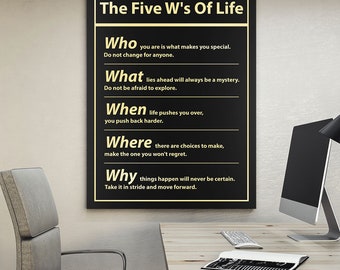 The Five W’s Of Life Wall Art | Motivational Office Decor | Entrepreneur Canvas Print | Success Mindset Poster | Inspirational Quote Art