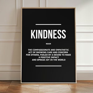 Kindness Definition Wall Art | Minimalist Motivational Poster | Black and White Typography Canvas Print | Modern Home Decor