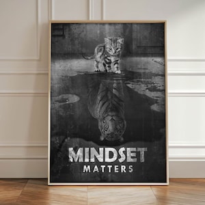 Väggkonst med tankesätt är viktigt | Canvastavla med katt och tiger | Motiverande poster för kontoret | Konstverk med tankesätt | Inramad eller digital nedladdning