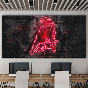 Wall Street Charging Bull Statue Neon Sign Wall Art Canvas Print For Office Decor