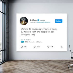 Elon Musk Tweet Motivational Wall Art Office Decor Canvas Print, Work Like Hell Art Print, Elon Musk Twitter Post Sign