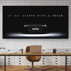 Audi RS Dream Big Canvas | Motywacyjna sztuka ścienna dla miłośników samochodów | Cytat z supersamochodu | Wystrój biura z samochodem sportowym Jaskinia mężczyzny, prezent motoryzacyjny