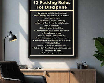12 Rules for Discipline Wall Art – Motivational Quote Canvas Print, Hustle Mindset Office & Gym Decor