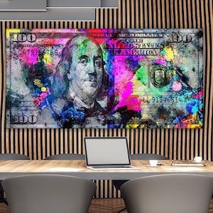 100 Dollars Bill Wall Canvas Print Office Decor Money Pop Art Entrepreneur Art Motivational 100 Bill Cash Investing Poster