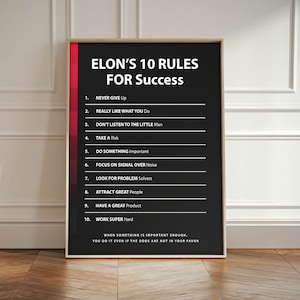 Elon Musk 10 zasad sukcesu Motywacyjna ściana biurowa Dekoracja cyfrowa Sztuka Płótno Wydruk Inwestycyjny Plakat Przedsiębiorca Wydrukowalny Zainspiruj Znak