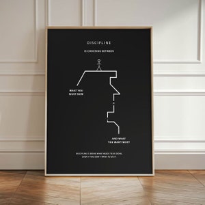 May include: Black and white motivational poster with a stick figure illustration. The text reads "Discipline is choosing between what you want now and what you want most. Discipline is doing what needs to be done, even if you don't want to do it."