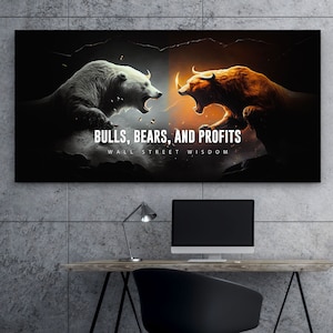 Wall Street Wisdom Trading Financial Art Bull vs Bear Canvas Print Stock Market Decor Investment Printable Investor Gift Money Trader Poster