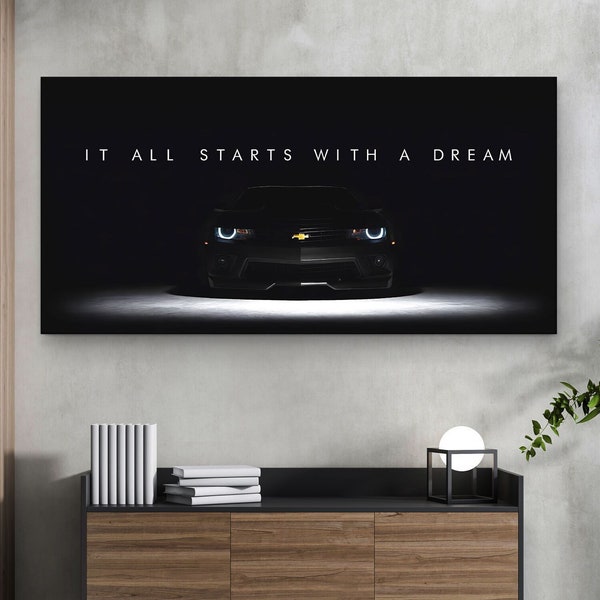 Chevrolet Camaro Dreams Wall Art Canvas Print, Motivational Quote, Sports Car Poster, Gift for Car Lover, Garage Sign, Automotive Home Decor