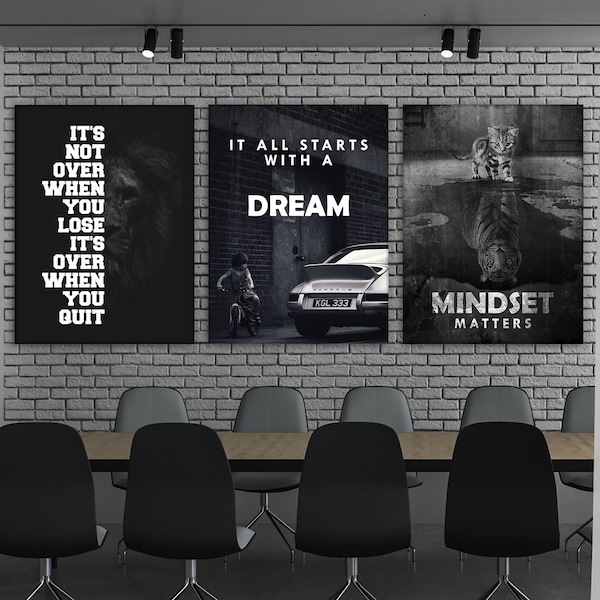 3x Motivational Wall Art Set – Mindset Matters, It All Starts With A Dream, Never Quit Canvas Prints | Office & Gym Decor | Digital File