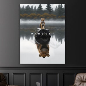 Tiger Mindset Wall Art, Inspirujący wydruk na płótnie, Dekoracja kota Mentalna siła Znak, Cytat wzrostu do wydrukowania, Motywujący plakat do dekoracji biura