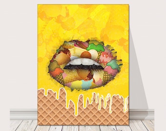 Icecream Lips Canvas Print Wall Home Office Decor Modern Art Lip Decoration Pop Art Summer Ice Cream Lip Pop Culture Arts Wall Decal Lip Art