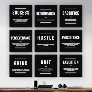 9x Motivierendes Definition Wandkunst Set | Trendige Bürokunst | Unternehmer Leinwand Druck Poster | Hustle Grind Zitate | Blumen