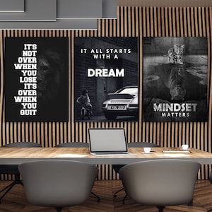 3x Entrepreneur Mindset Bundle Motywacyjna dekoracja ścienna do biura, płótno z lwem, nadruk z tygrysem, znak motywacyjny, cytaty o pośpiechu