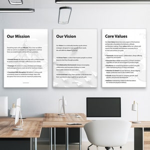 Mission Vision Core Values Wall Art Set | Office Canvas Print | Company Culture Poster | Workplace Decor | Business Motivational Art