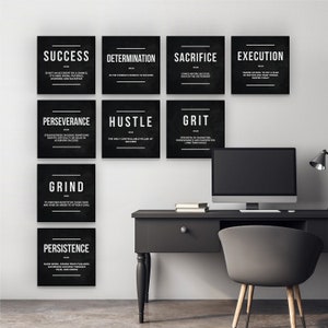 Office Decor Canvas Prints 9-Piece Wall Art Set Hustle, Grind, Execution, Success, Determination, Persistence Motivation Quotes Printable