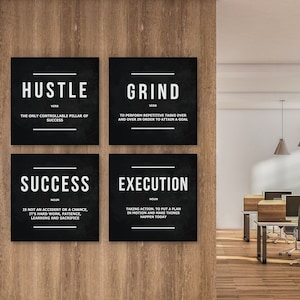 Zestaw 4-częściowych obrazów ściennych Hustle, wydruki na płótnie motywujące do pracy, zestaw cytatów Entrepreneur Grind, dekoracja inspirowana wykonaniem zespołu