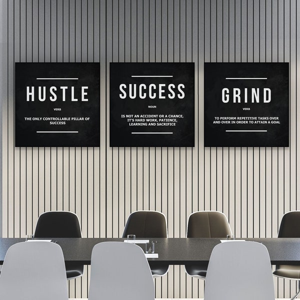 3x Growth Mindset Quote Inspirational Modern Wall Art Hustle Sign Success Digital Art Canvas Office Decor Printalbe, Positive Mindset Prints