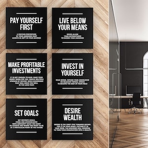 6x Money Investing Motivational Canvas Prints Investor Definitions Wall Finance Poster, Financial Printable Wealth Quote Signs Digital Art