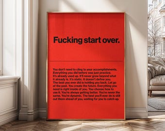 Póster motivacional con frase "F*cking Start Over", tipografía para oficina, gimnasio, decoración del hogar, descarga digital