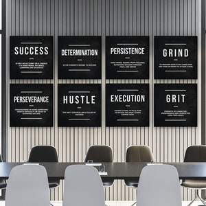 Zestaw 8 grafik ściennych „Definicja sukcesu”, motywacyjna dekoracja ścienna do biura w stylu vintage, wydruki na płótnie „Hustle Grind Grit”, plakat z motywacją przedsiębiorcy