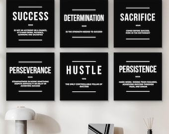 6x Workspace Productivity Wall Art Bundle – Perseverance Grind Hustle Success Execution Persistence Canvas Prints for Office Decor