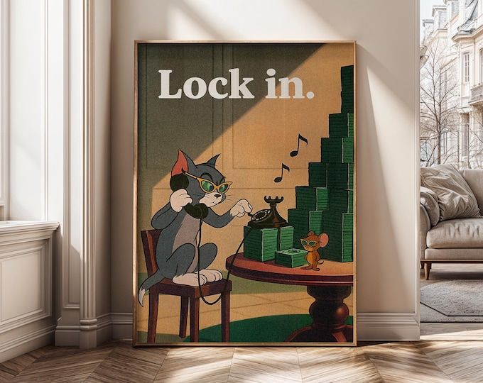 Lock In Wall Art Canvas Print – Motivational Money Poster, Inspired Funny Hustle Art, Vintage Cartoon Wall Home Office Decor - A87
