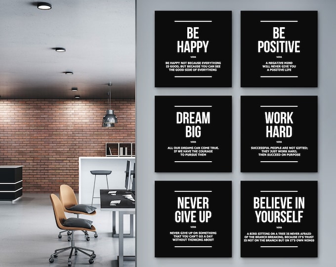 6x Motivierende Wandkunst Leinwanddrucke Bürodekor, Dream Big, Work Hard, Be Happy, Be Positive, Never Give Up Motivation Verb Definitionen