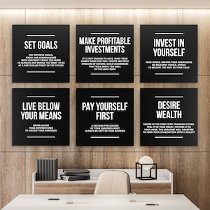 6x Money Investing Motivational Canvas Prints Investor Definitions Wall Art Finance Invest Poster, Financial Wealth Signs, Millionaire Quote