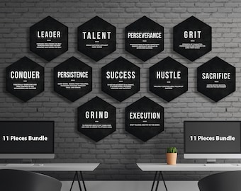 Hexagon Canvas Prints Bundle Office Decor Motivational Modern Wall Art Hustle Success Hexagonal Definition Set Of 3x, 5x, 7x, 9x, 11x Pieces