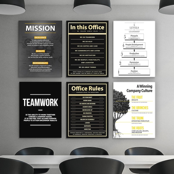 6x Premium Office Wall Art Team Canvas Prints - Inspiring Company Culture, Leadership, Teamwork Quotes Modern Workplace Decor, Mission Signs