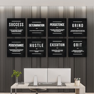 8x Office Decor Canvas Prints 8 Pieces, Hustle, Grind, Execution, Success, Persistence, Perseverance, Determination, Grit Wall Art Signs