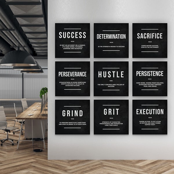 9x Office Decor Motivational Wall Art Canvas Prints Entrepreneur Bundle Set 9 Pieces Inspirational Grind Hustle Success Execution Modern Art