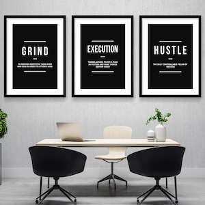 3x Oprawione plakaty biurowe Motywacyjne ścienne sztuki, wydruki przedsiębiorców Dekoracje Hustle Grind Wykonanie Definicje Wydrukowane Inspiracje Cytaty