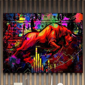 Wall Street Bull Canvas Art, Trader Office Decor, Pop Art Stock Market Printable, Entrepreneur Motivation Print, Charging Bull Wall Poster