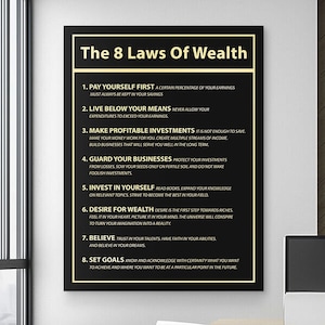 8 Laws Of Wealth Money Motivational Canvas Print Investor Wall Finance Invest Poster Investing Goals Sign, Money Quote Art, Finance Mindset