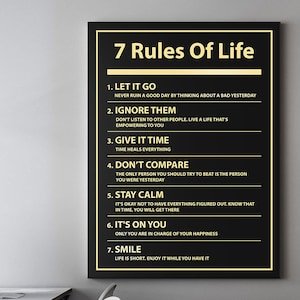 Arte de pared con las 7 reglas de la vida, impresión en lienzo motivacional, letrero moderno de decoración de oficina inspiradora, póster con cita recordatoria diaria